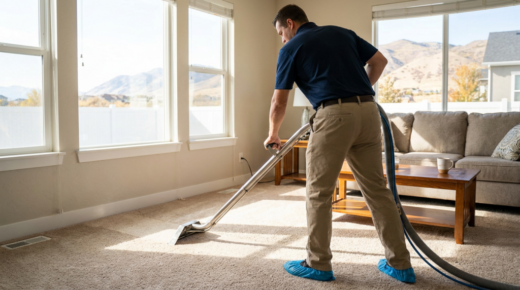 Carpet Cleaning & Home Services in Midvale, UT - Father and Son Carpet Cleaning A person wearing blue shoe covers is providing Carpet Cleaning in a bright Midvale UT living room with large windows, cleaning a beige carpet near a sofa.