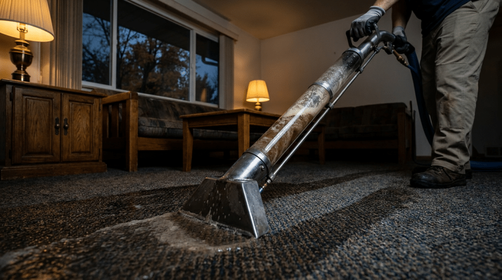 A worker uses a carpet cleaning wand for emergency water extraction from a carpet.