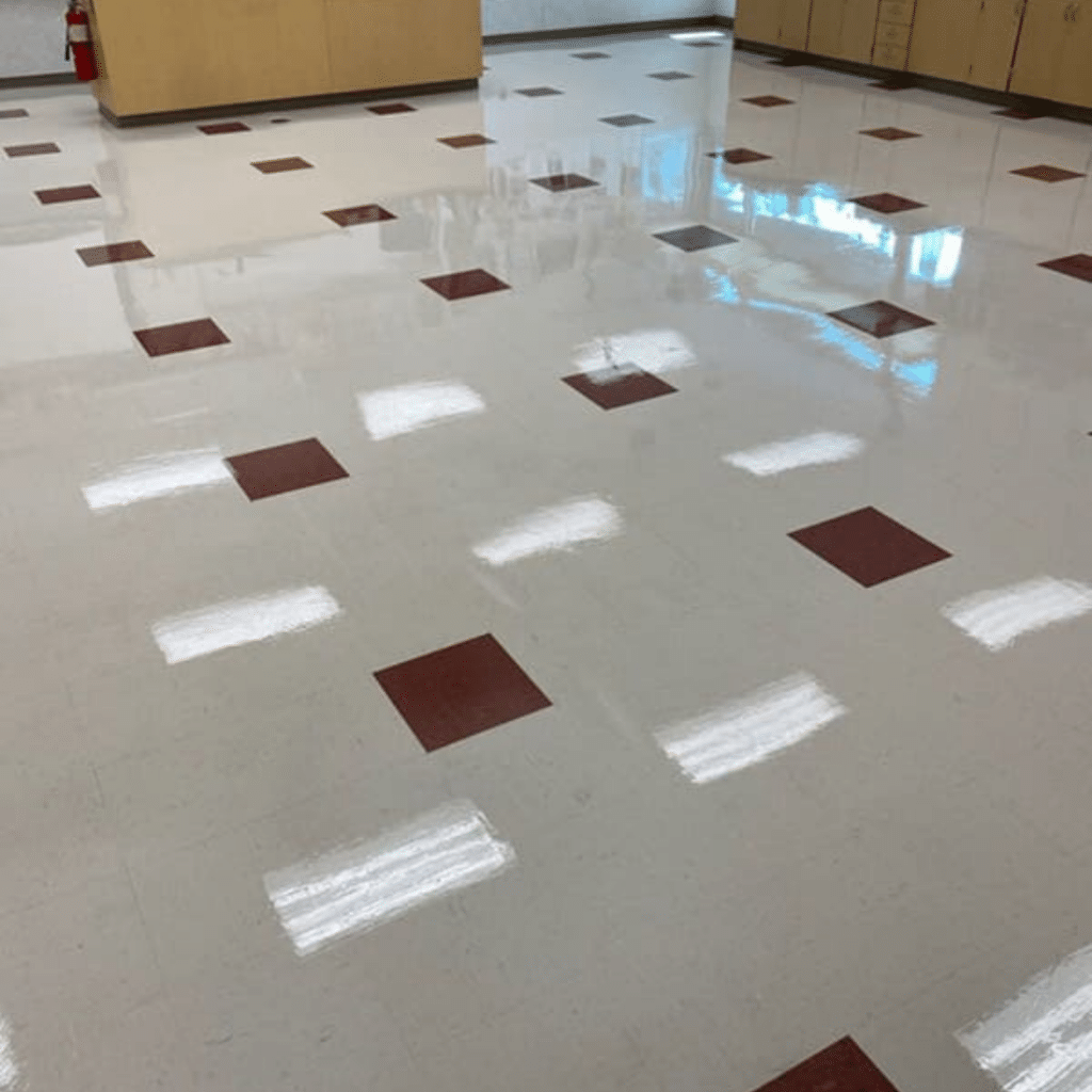 VCT Flooring Maintenance: How Often Should You Strip and Wax? - Father and Son Carpet Cleaning Before and after VCT floor waxing comparison showing restored shine.