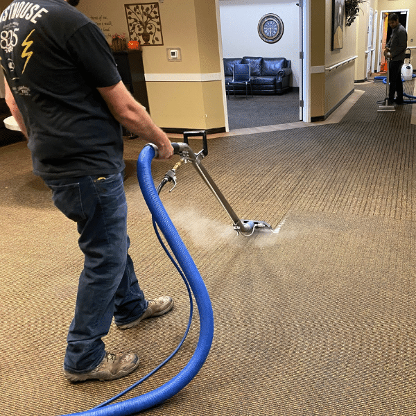 Family-run carpet cleaning team posing in branded uniforms